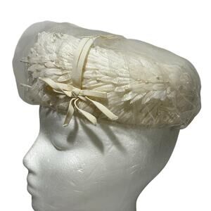 Vintage Mid Century White pillbox hat by Dana Marte bridal silk floral & beads